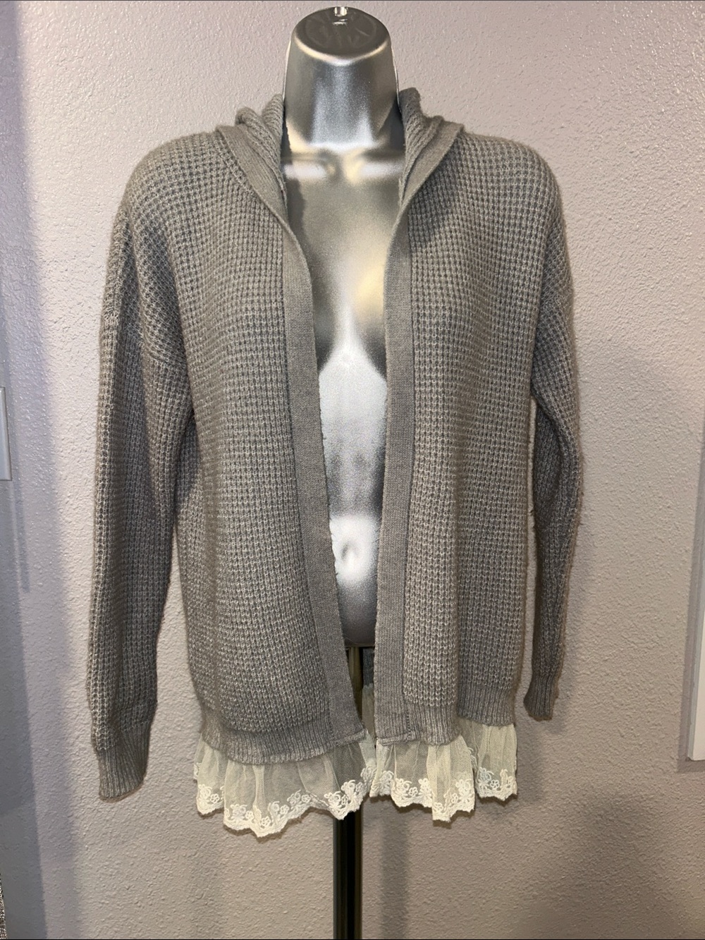 Sweater Project Gray Hooded Waffle-Knit Cardigan with Cream Lace Hem